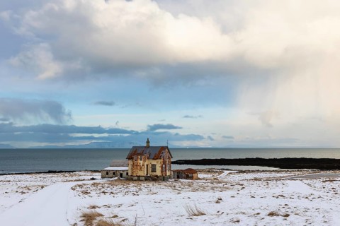 Abandoned house, dilapidated house, sea, snow, winter, Garður, Iceland, Scandinavia