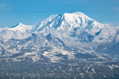 Clouds over high mountains, Mt Foraker, aerial view, Alaska Range, Denali National Park, Alaska,