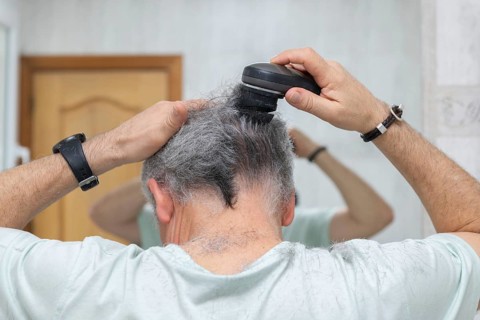 A man trims his hair with an electric trimmer while looking in a bathroom mirror. This scene