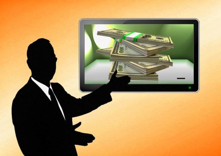 Symbolic image for stock market, dollar reserve currency, banker offers dollar, bull and bear,