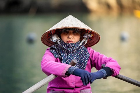 Woman with traditional hat and pink jacket rowing on calm water, Vietnamese with straw hat in