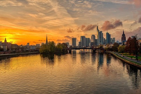 Frankfurt skyline at sunset, city centre, banks of the river Main, Frankfurt am Main, Hesse,