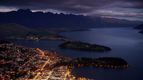 New Zealand, South Island, view of Queenstown at night, blue hour, architecture