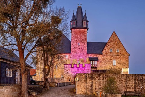 Castle is illuminated in pink, surrounded by trees, atmospheric night shot, Spangenberg Castle