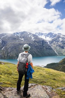 A traveler in rugged terrain admires Norway's majestic landscape The image captures the essence of