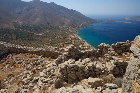 Extensive view of the blue sea and coastal landscape from an ancient site, Johanniter Fortress from