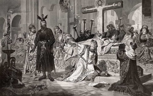 Kriemhild at the bier of Siegfried, Song of the Nibelungs, an epic poem in Middle High German