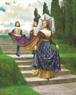 A queen in medieval dress strides down the stairs, accompanied by two servants in a magnificent