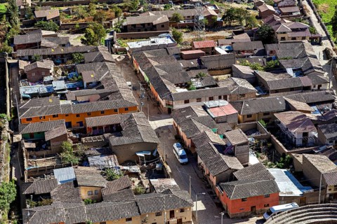Densely built area with traditional houses and narrow streets in a village, the town of