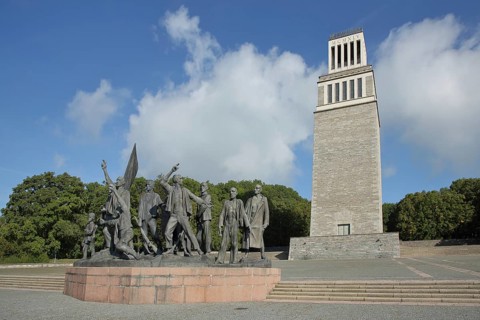 Sculpture group by Fritz Cremer with bell tower, Nazi era memorial and concentration camp, modern