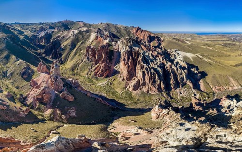 Colorful rock formations in the Valle Lunar, aerial view, section of the Jeinimeni National Park,