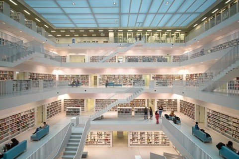 Interior view, gallery room with staircases of the city library, architect Eun Young Yi, Stuttgart,