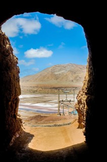 View through rock to salina at sandbeach. Sal. Pedro Da Sal. Cabo Verde. Africa