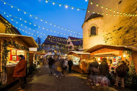 Christmas market, blue hour, Eguisheim, Haut-Rhin, Grand Est Region, Alsace, France
