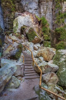 Stairway at the Schwedenlöcher, a narrow gorge of the Amselgrund near the village of Rathen in