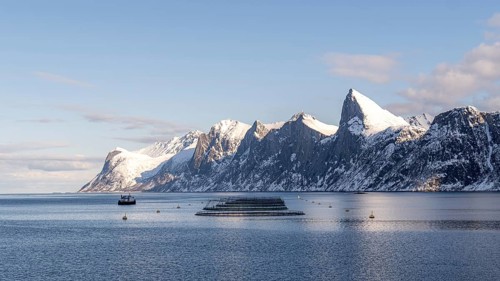Snow-capped peaks tower over the tranquil waters of Mefjordbotn, Norway. A boat and fish farms are