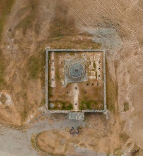 Aerial view, looking down on the caravanserai of Tash Rabat from the 15th century, Naryn region,