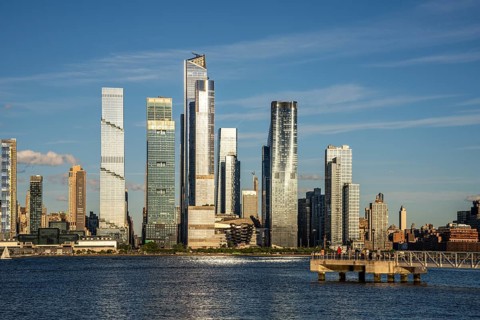 Hudson Yards sunset skyline, Weehawken Waterfront Park, Hoboken, New York, USA