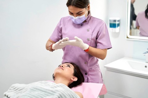 A skilled practitioner administers a beauty treatment to a client at a modern aesthetic medicine