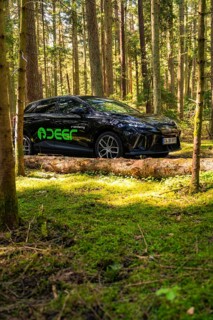 A black car parked in a quiet forest on a moss-covered ground, Deer E- Carsharing, Calw, Black