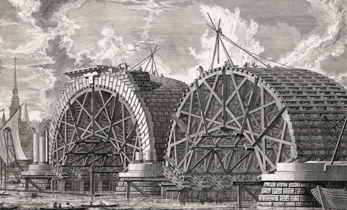 The original Blackfriars Bridge under construction in 1766, London, UK