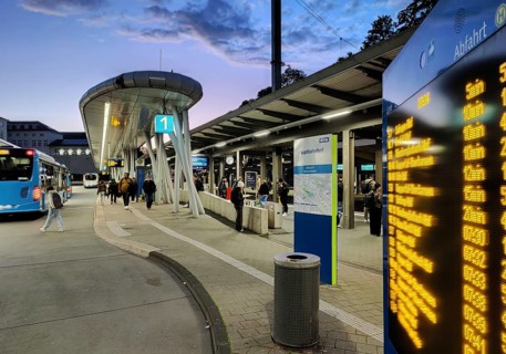 Bus station in the early morning right next to Wuppertal main station, public transport connection,