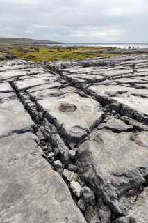 Bizarrely shaped limestone slabs, walkers on the horizon, coastline, limestone coast of the Burren,