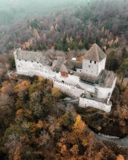Aerial view of Hohenklingen Castle above Stein am Rhein on a foggy autumn day, Canton Schaffhausen,