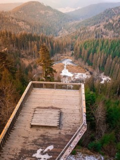View from a wooden platform over a wooded winter landscape, Ellbachseeblick viewing platform,