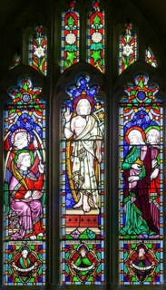 Stained glass window church of Saint Mary, Kempsford, Gloucestershire, England, UK, Three Marys at