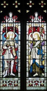 Stained glass window of Saint Michael and Saint Raphael archangels, Ansford church, Somerset,