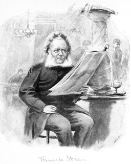 Henrik Ibsen (1828-1906) sitting with a newspaper in a café, playwright, poet, Oslo formerly