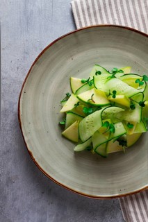 Spring, green salad, cucumber with apple, top view, close-up, no people, microselen radish, healthy