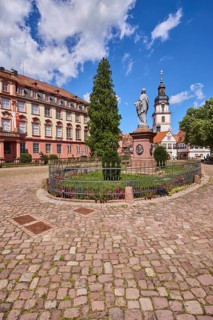 Monument to Count Franz, church tower of Erbach town church, Erbach castle, trees, cobblestones,