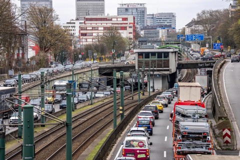 Everyday traffic jam on the A40 motorway, Ruhrschnellweg, in Essen, a good 5 km traffic jam heading