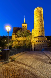 Old water art and St. Michael's Church are reflected in the Spree, night view, Bautzen, Saxony,