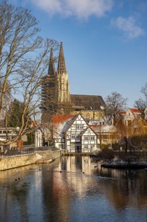 Large pond, meadow church and pond mill in Soest, North Rhine-Westphalia, Germany