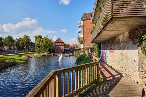 Mühlenstever, Stever river, Borgmühle watermill, wooden railings, general architecture, houses,