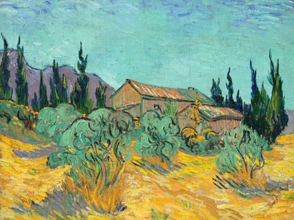 Cabanes de bois parmi les oliviers et cyprès (1889), Wooden cabins nestled among olive trees and