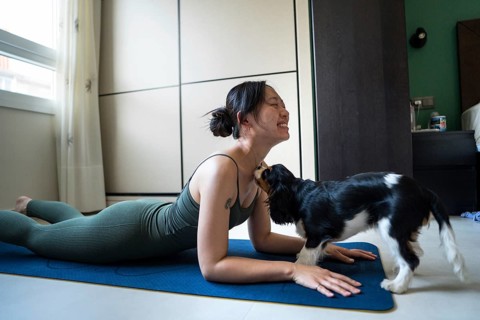 Young Asian woman attempting to exercise at home on a yoga mat while her playful dog interrupts her