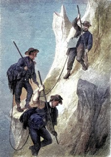 Mountaineers on the firn roof of the Ackerlspitze, Kaisergebrige, Austria, coloured woodcut from