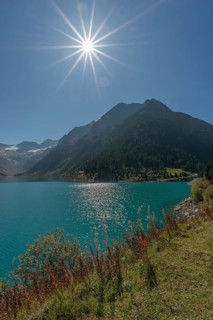 Schlegeisspeicher (1782m), glacier at Schlegeiskees, blue sky, backlight, Zillertal Alps, Tyrol,