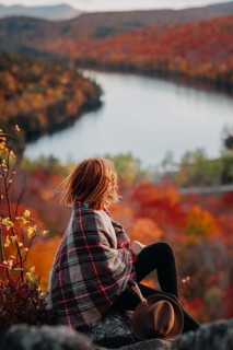 A woman draped in a cozy plaid shawl sits on a rock overlooking a stunning autumn landscape in