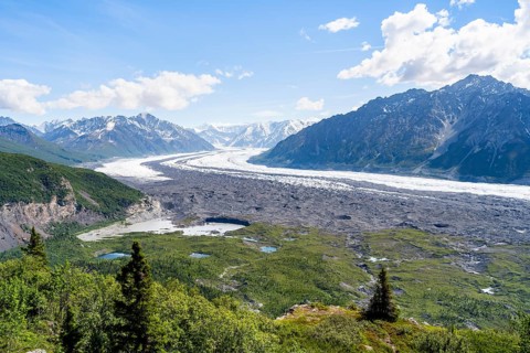 View of impressive mountain landscape with the Matanuska Glacier tongue, Lion's Head, Chugach