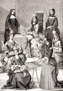 Marquise de Maintenon und ihre Palastdamen, französischer Königshof, Kostüme des 17.