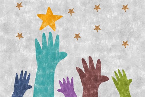 An illustration of colorful hands reaching towards gold stars against a textured background,