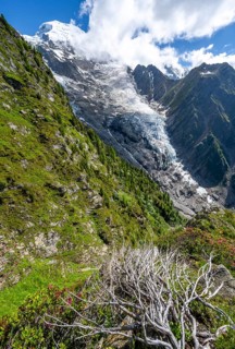 Impressive mountain landscape with glacier, view of glacier Glacier de Taconnaz, hike La Jonction,