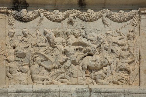 Relief in stone with battle scene, figures, stonework, handicrafts, mausoleum, Julier monument,