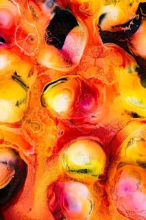 An intricate abstract painting featuring swirling patterns of vibrant red, orange, yellow, and pink