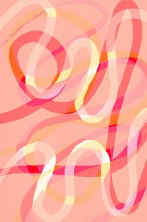A vibrant abstract artwork showcasing intertwined pastel swirls in shades of red, pink, and yellow.